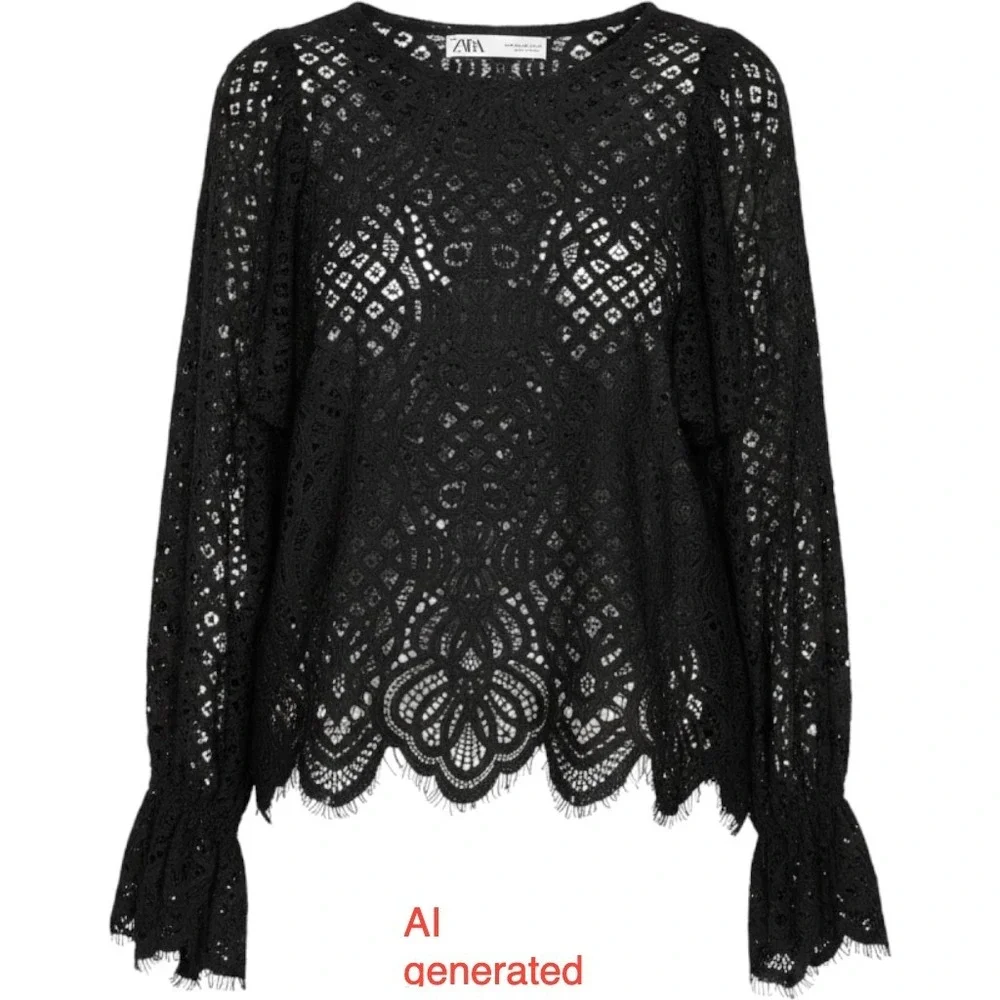 Zara Goth Black Guipure Lace Ruffle Blouse Scallop Hem Long Sleeve Top Medium